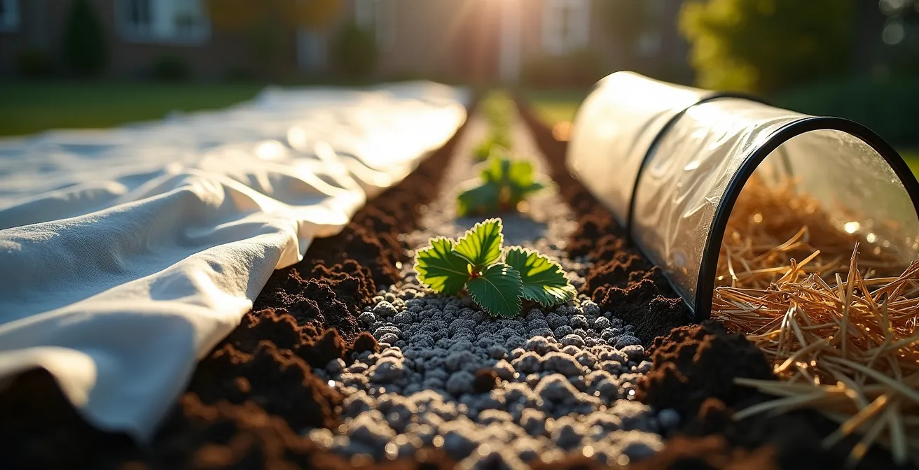 Différentes méthodes de protection contre le gel dans un potager illustrant un voile, une cloche et du paillis.