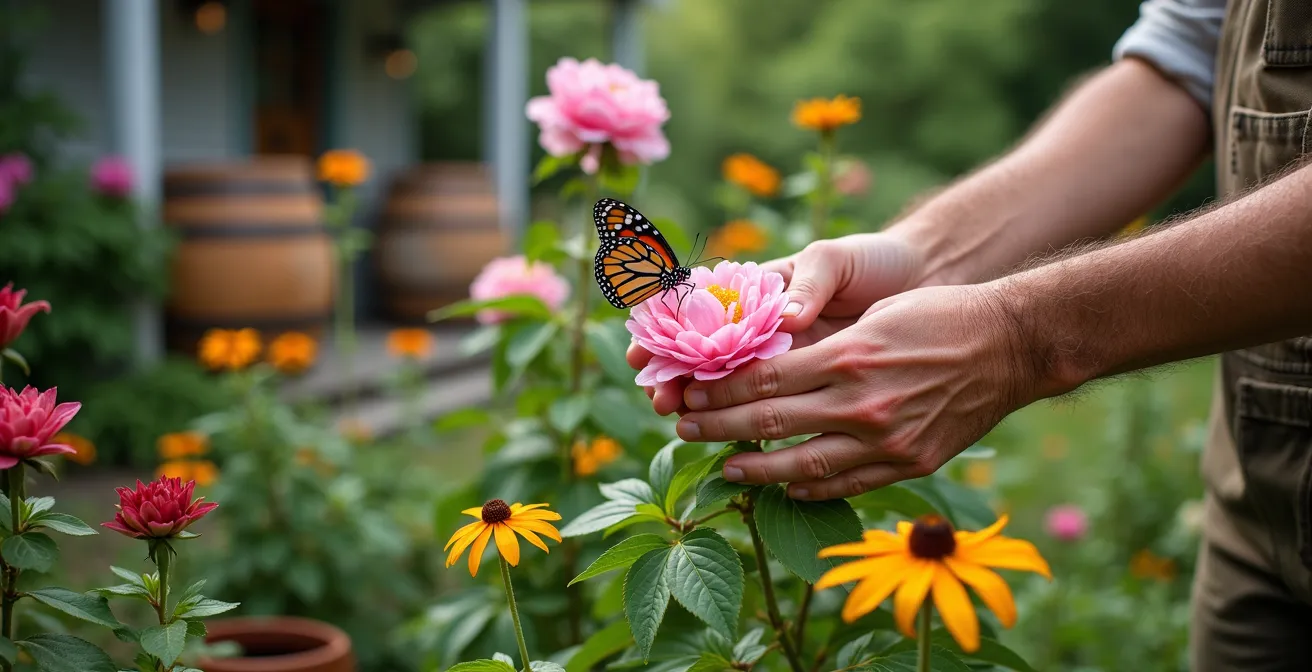 Jardin de style cottage québécois avec pivoines, rosiers rustiques et plantes potagères ancestrales en pleine floraison
