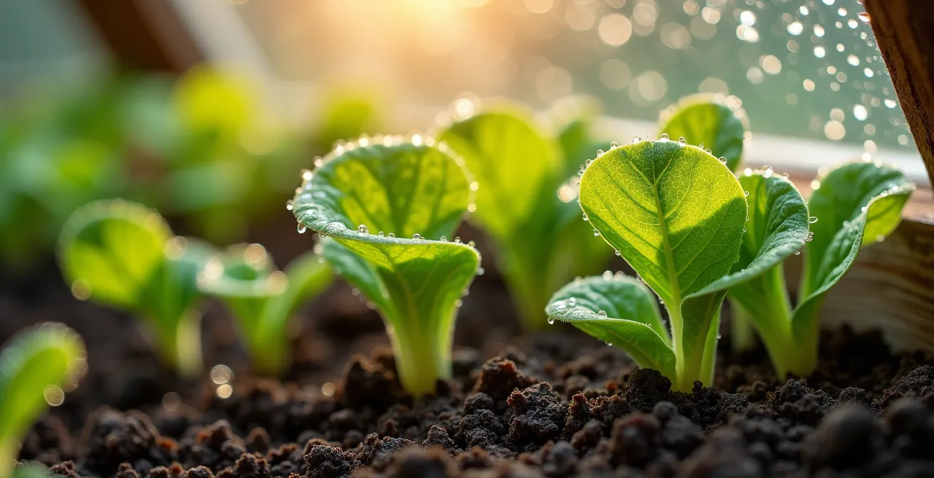 Gros plan sur une couche froide artisanale avec vieilles fenêtres et jeunes pousses de laitue au printemps québécois