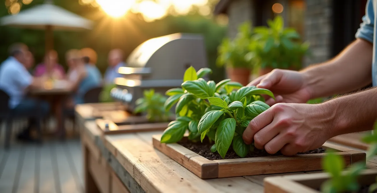 Cuisine extérieure avec barbecue intégré et potager de fines herbes adjacent