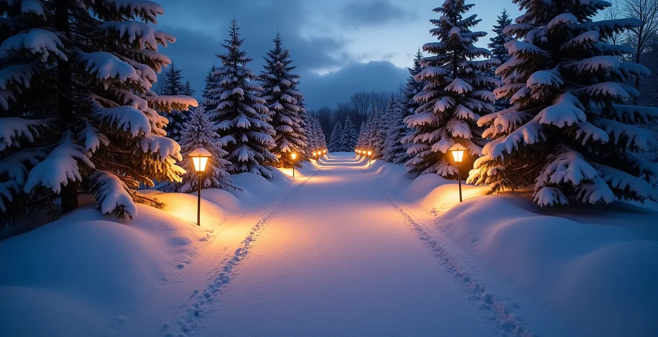 Éclairage doux d'une allée de jardin enneigée avec lumières chaudes au Québec