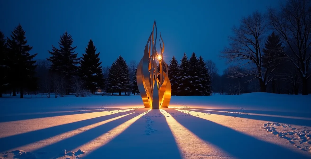 Sculpture illuminée par éclairage LED créant des jeux d'ombres dramatiques la nuit