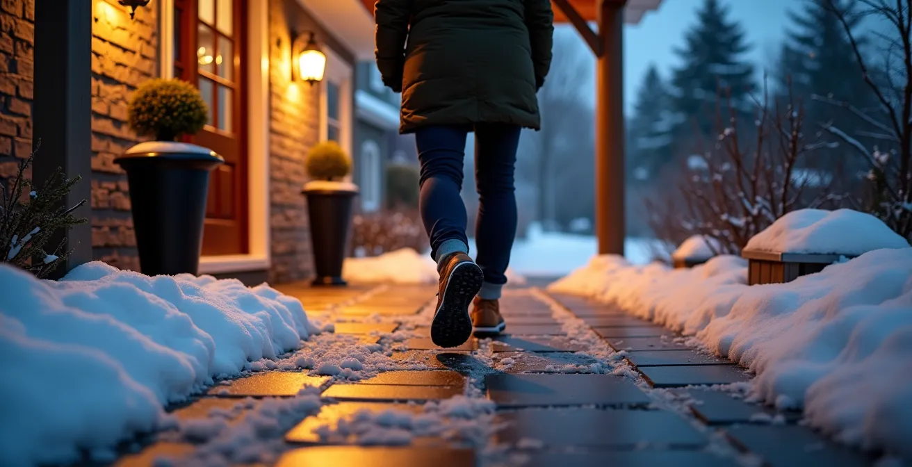 Entrée de maison québécoise avec éléments structurants résistants à l'hiver