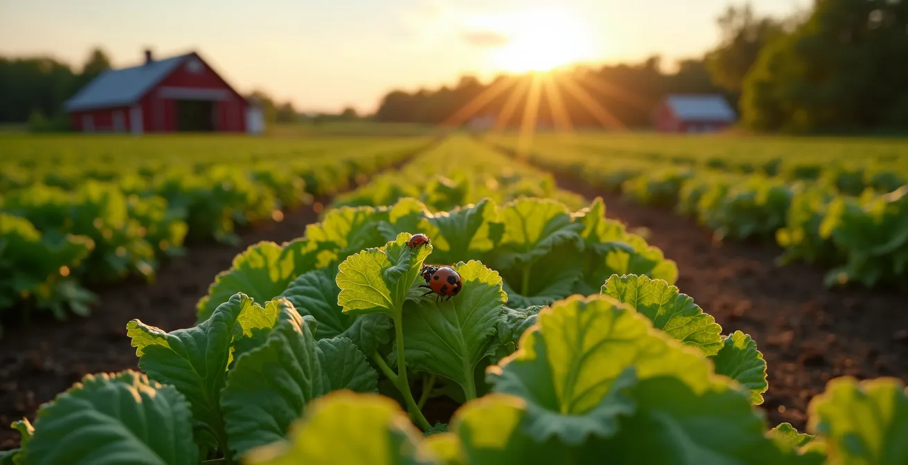 Vue d'ensemble d'un potager québécois montrant l'équilibre entre quelques ravageurs tolérés et les insectes auxiliaires