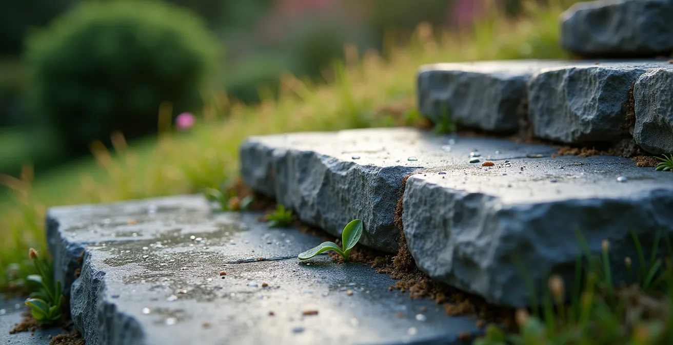 Escalier de jardin en pierre naturelle avec paliers végétalisés intégrés dans une pente