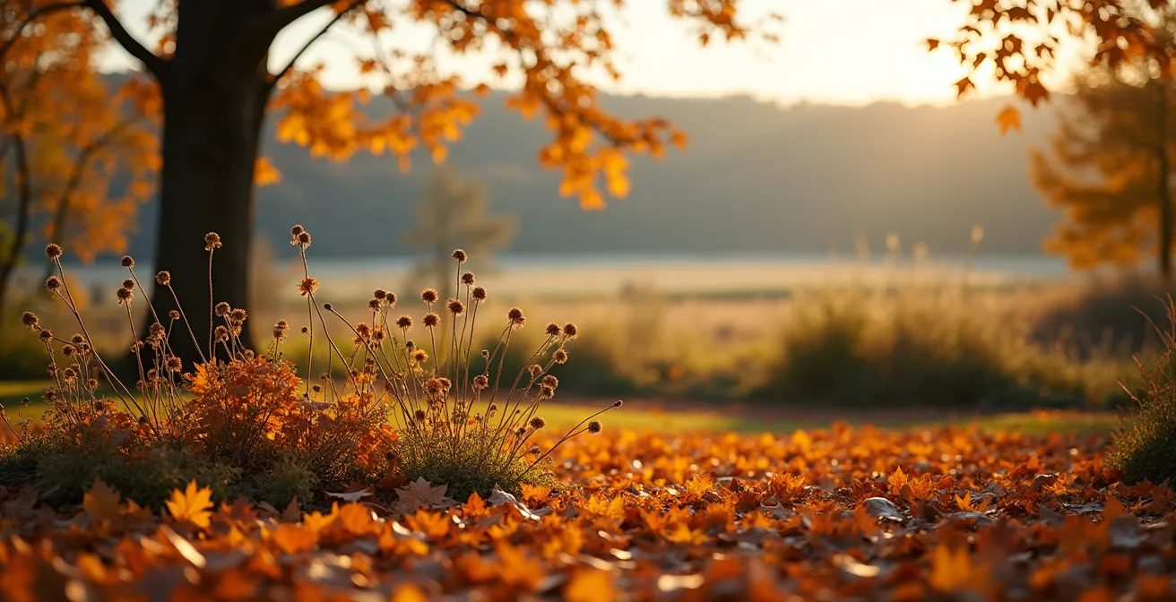 Jardin automnal recouvert d'un épais tapis de feuilles dorées protégeant les vivaces pour l'hiver