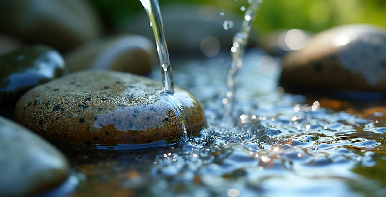 Vue macro détaillée de l'eau claire circulant sur des galets polis dans un système de fontaine en circuit fermé