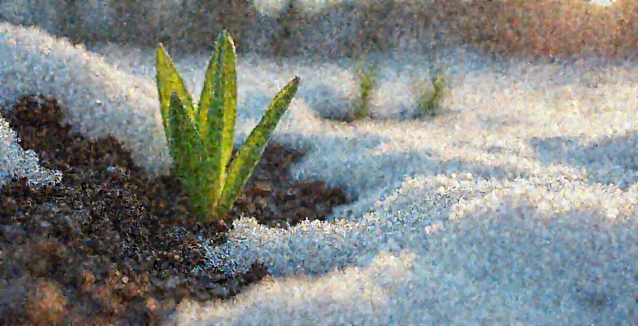 Jardin québécois au début du printemps montrant les zones de fonte des neiges révélant les microclimats