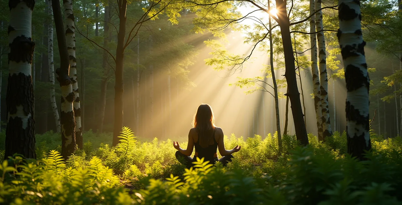 Sentier forestier baigné de lumière filtrant à travers les bouleaux jaunes et épinettes