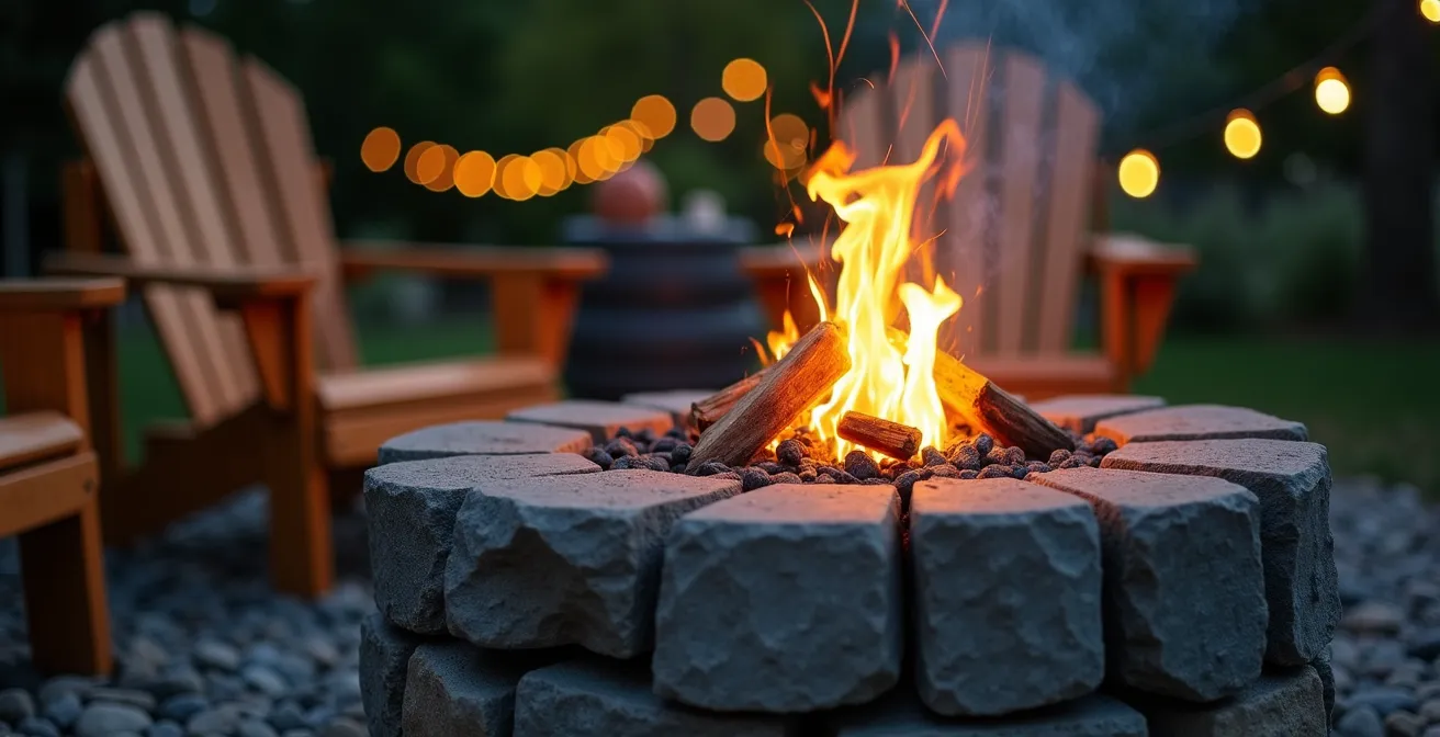 Foyer extérieur en pierre du Bouclier canadien avec chaises Adirondack au crépuscule