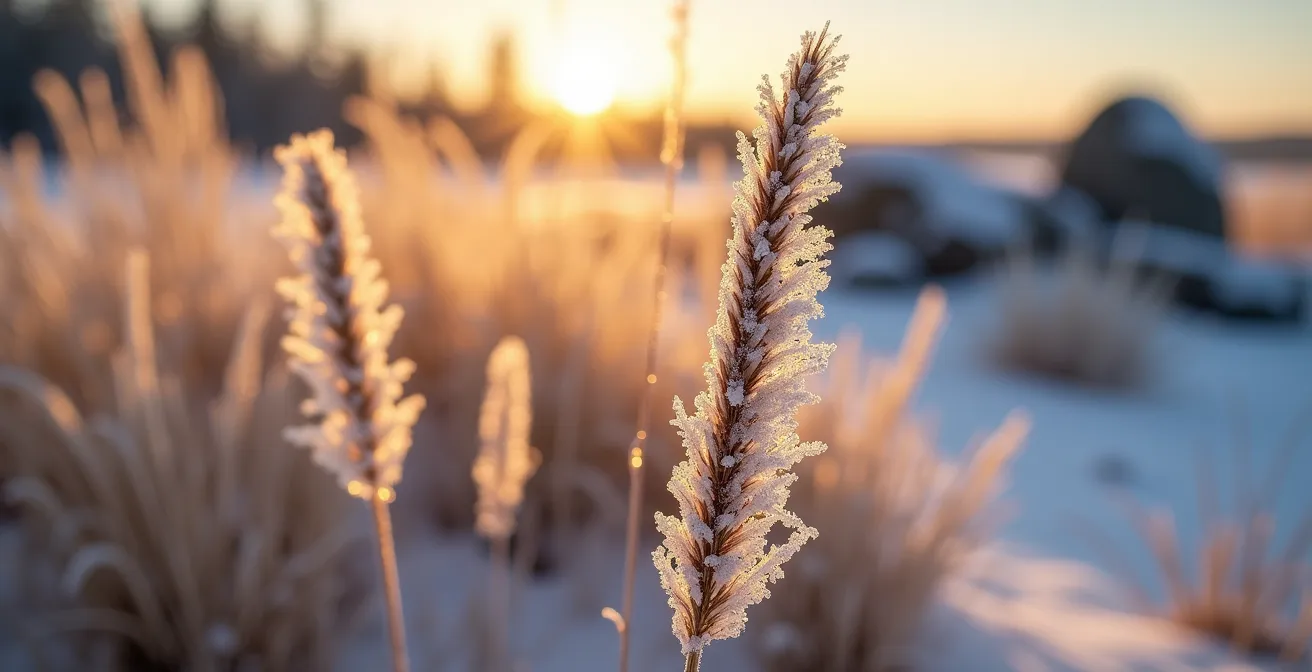 Graminées indigènes du Québec captant la lumière dorée avec givre et neige en arrière-plan