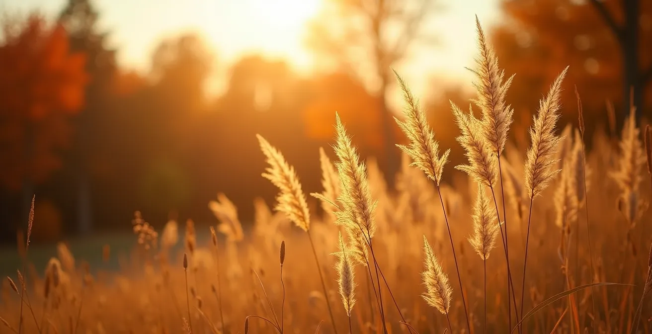 Graminées ornementales dorées captant la lumière rasante du soleil couchant d'octobre avec arrière-plan flou d'érables rouges