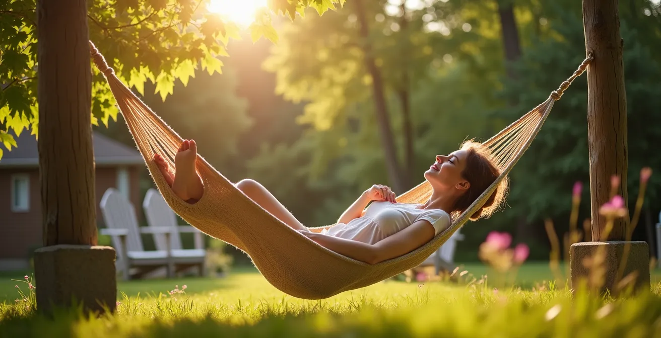 Hamac installé entre deux poteaux de cèdre dans un jardin québécois avec zone ombragée