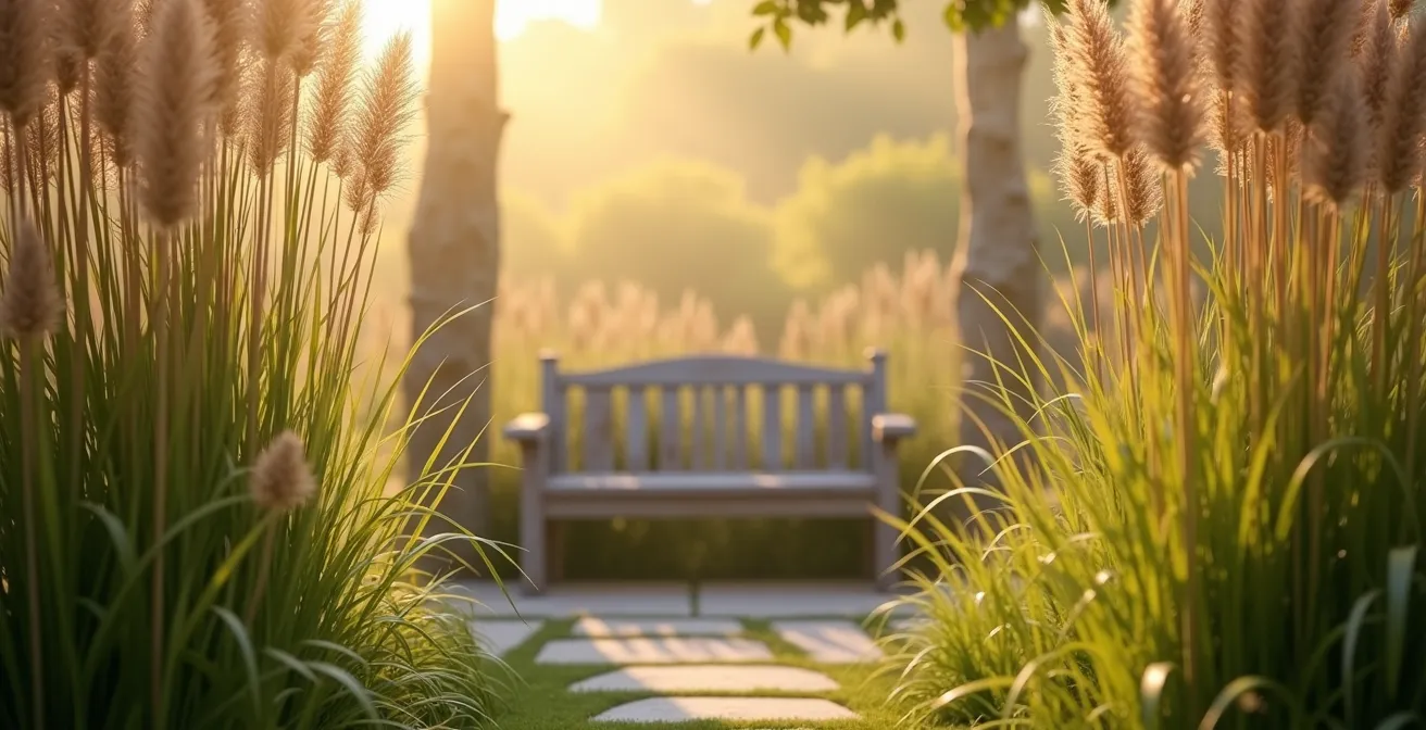 Vue à travers un écran de graminées ornementales créant un effet de fenêtre végétale dans un jardin