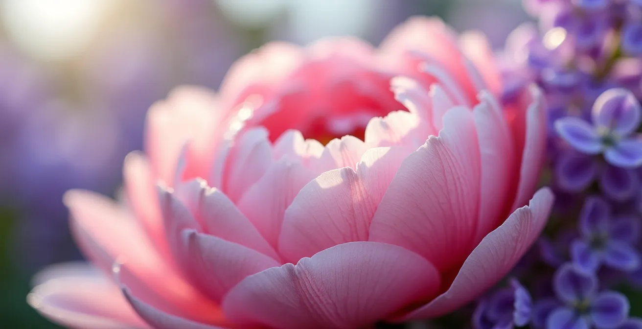 Jardin québécois en pleine floraison de juin avec pivoines, iris et lilas