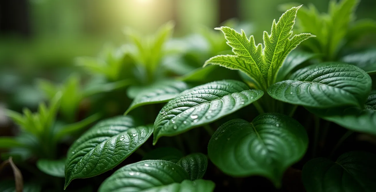 Composition de feuillages texturés en mi-ombre créant un tableau végétal harmonieux