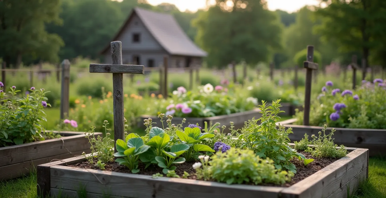 Reconstitution d'un jardin colonial de la Nouvelle-France avec carré de plantes médicinales