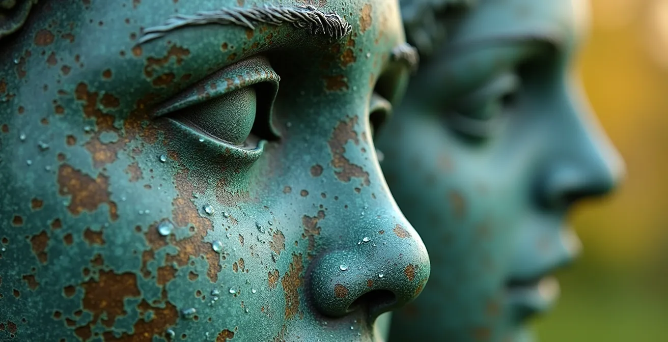 Détail macro de la patine naturelle sur une sculpture de bronze dans un jardin