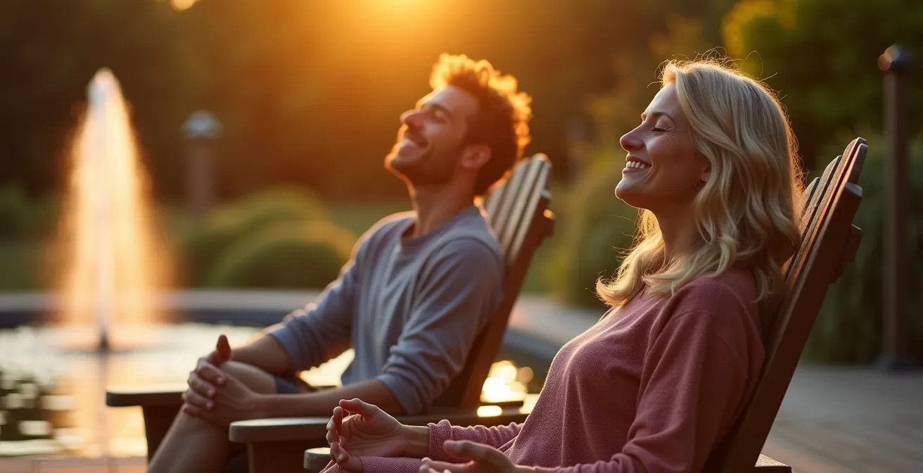 Couple relaxant sur une terrasse québécoise au coucher du soleil avec fontaine murmurante en arrière-plan