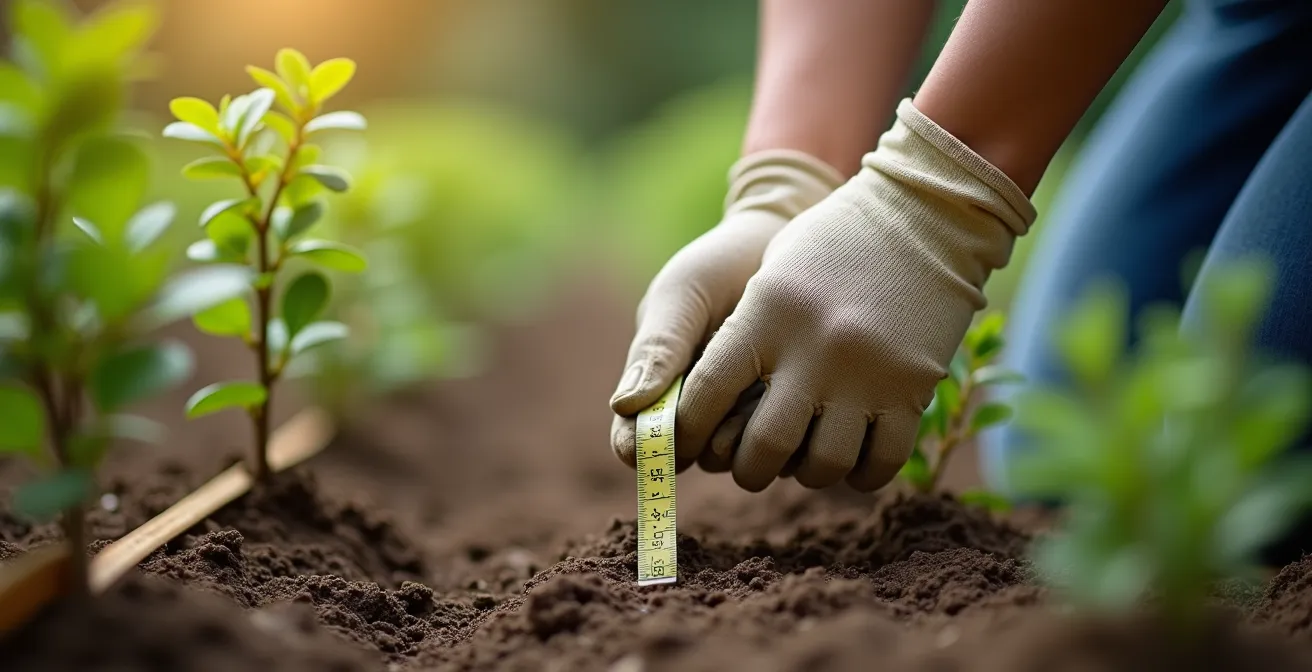 Jardinier mesurant l'espacement entre jeunes plants en visualisant leur taille mature