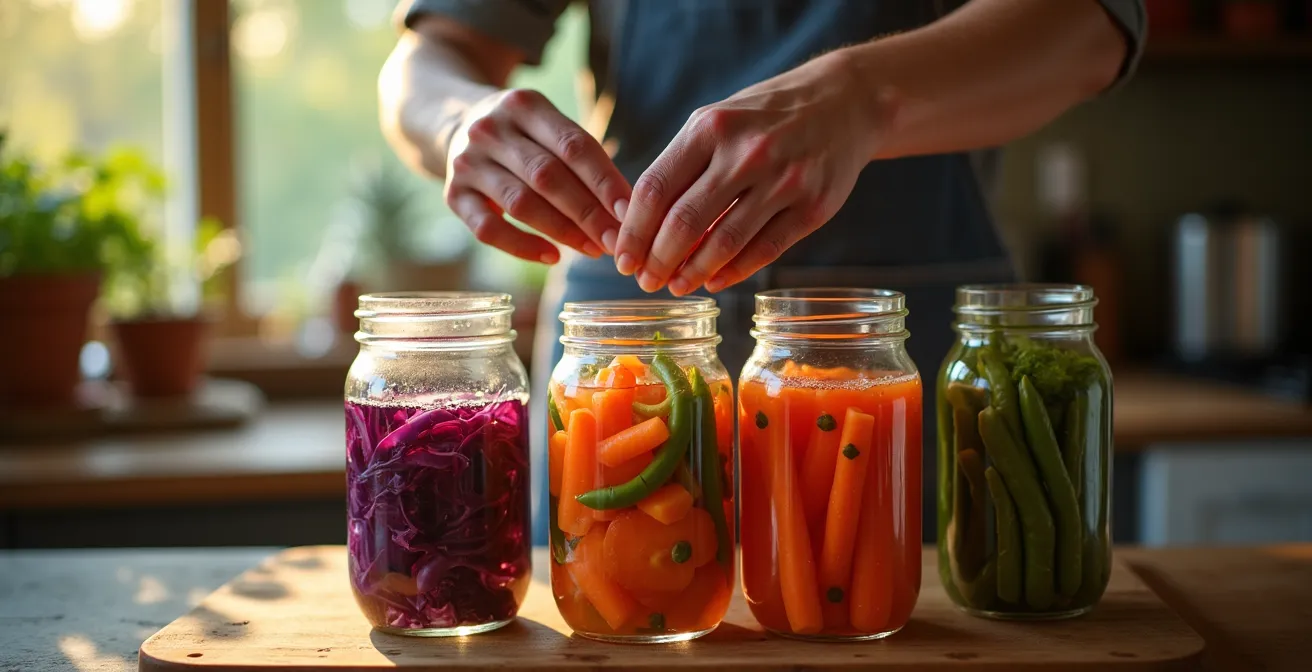 Des bocaux de légumes lacto-fermentés colorés, montrant des carottes, du chou et des haricots en processus de fermentation.