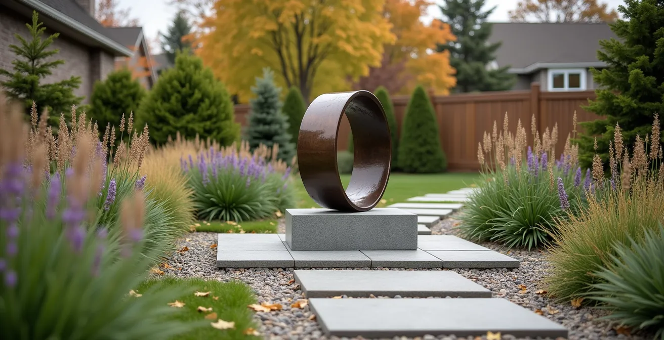 Vue d'ensemble d'une sculpture sur socle de béton entourée de plantes indigènes québécoises