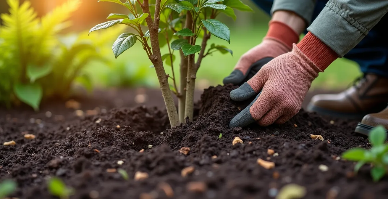 Application correcte de paillis autour d'un arbuste avec espace dégagé au collet