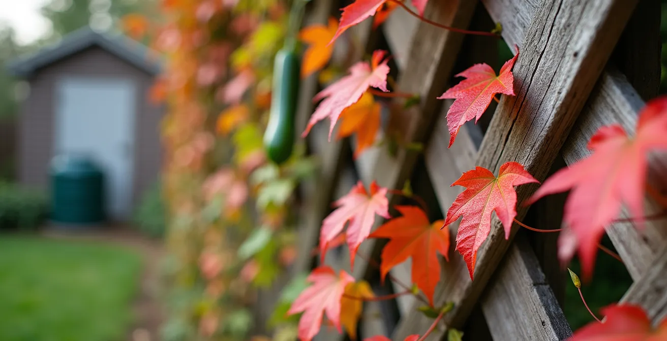 Structure en cèdre avec plantes grimpantes masquant une zone technique