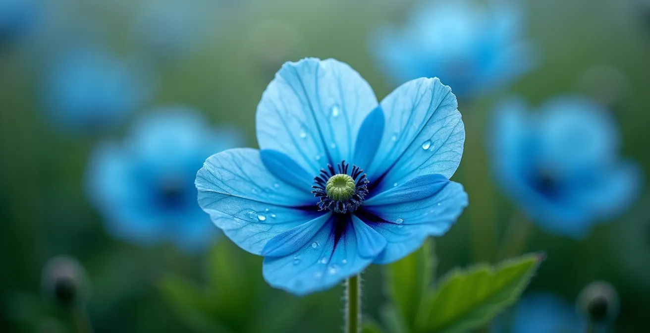 Gros plan sur les pavots bleus de l'Himalaya dans un jardin gaspésien