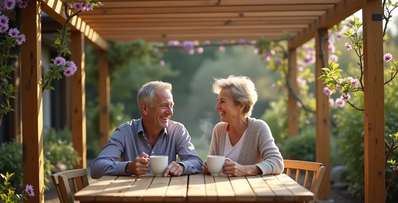 Pergola en cèdre blanc de l'Est avec vigne grimpante rustique dans un jardin québécois