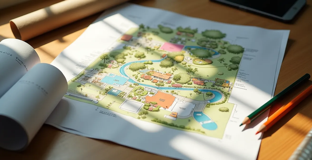 Plan d'aménagement paysager avec zones colorées montrant les différentes phases de réalisation sur 3 ans