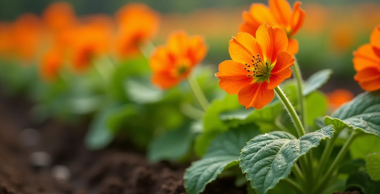 Rangée de capucines orange vif plantées en bordure d'un potager québécois pour attirer les pucerons