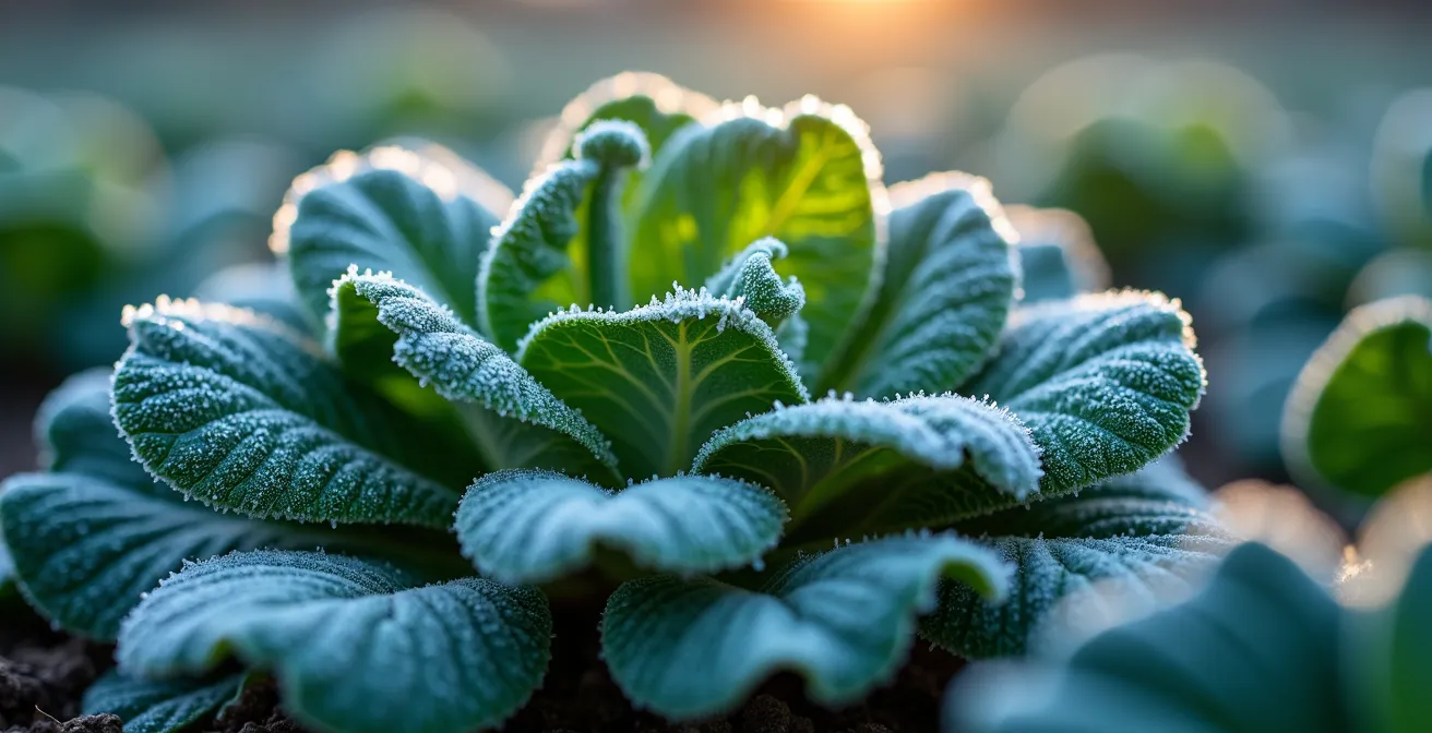 Gros plan sur des plants de kale et épinards couverts de givre matinal, démontrant leur résistance au froid.