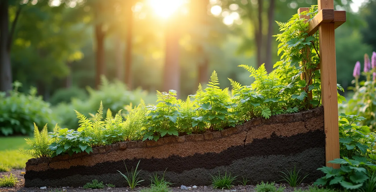 Coupe transversale d'une plate-bande québécoise montrant les différents étages de végétation