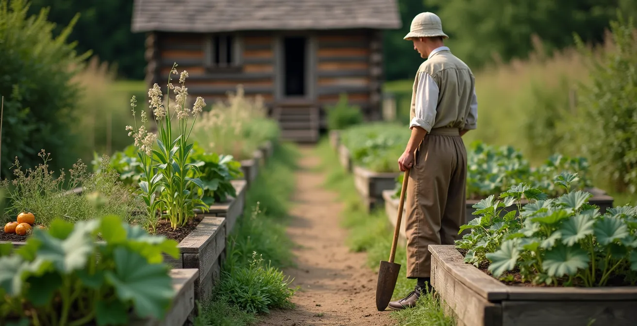 Jardin potager traditionnel avec rangées de légumes patrimoniaux et herbes médicinales