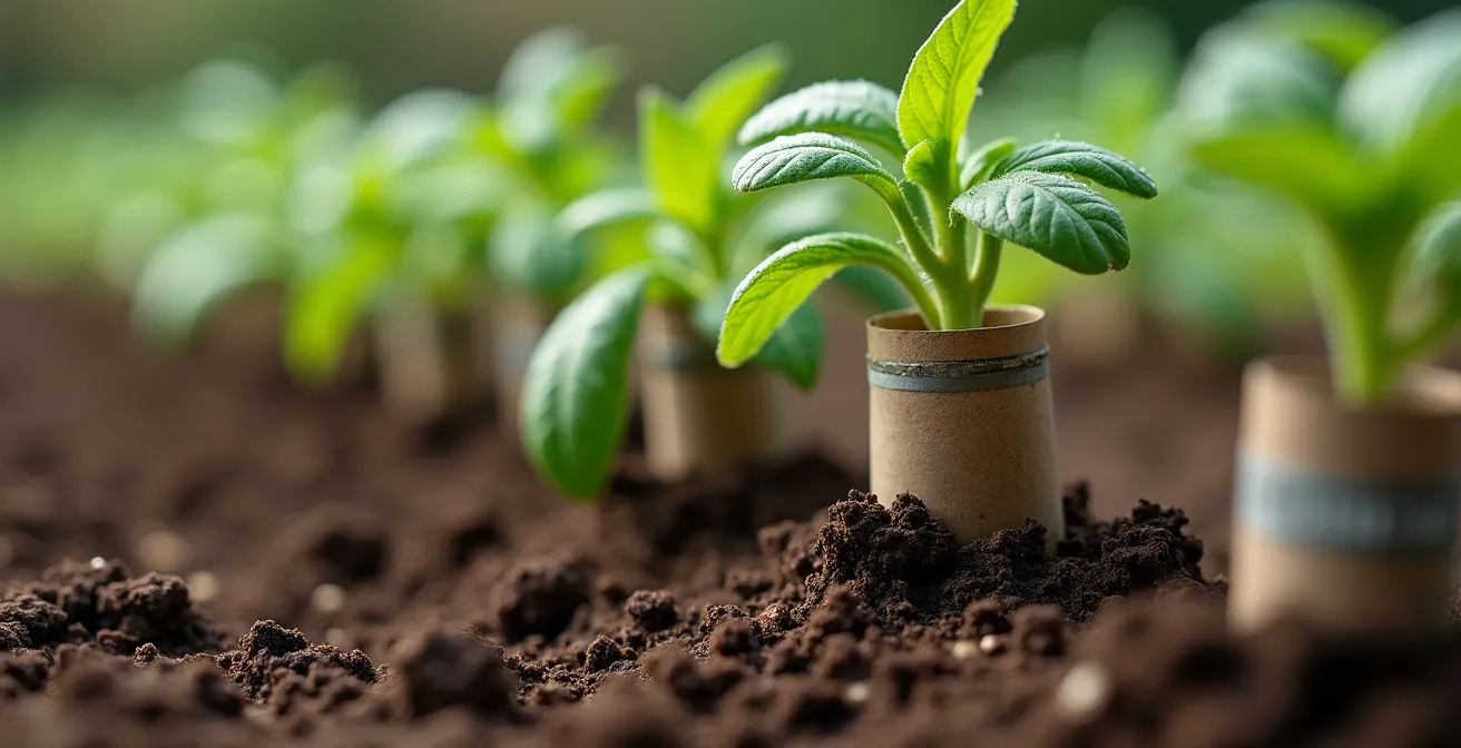 Gros plan sur collets protecteurs autour de jeunes plants de tomates