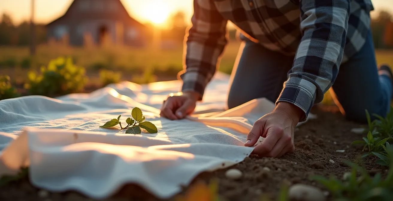 Rangées de légumes protégées par agrotextile au crépuscule dans un jardin québécois
