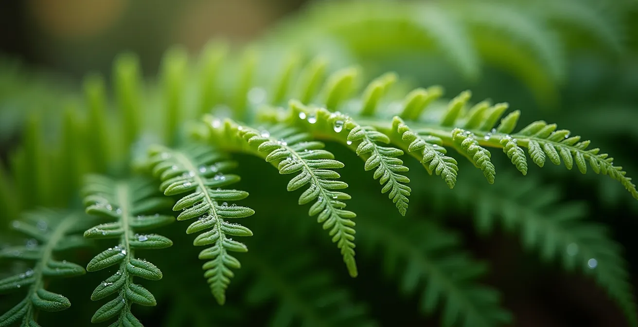 Gros plan sur des frondes de fougères répétées créant une texture uniforme dans différentes zones du jardin