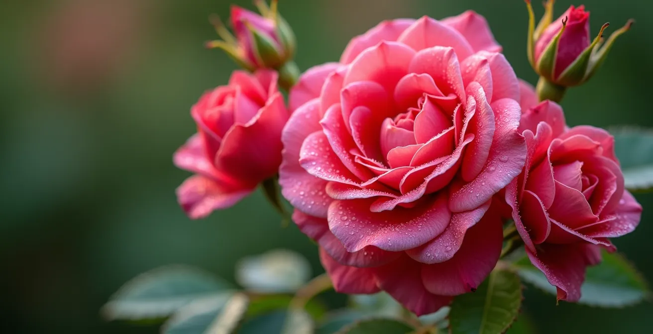 Gros plan de roses de la série Explorateur en pleine floraison avec gouttelettes de rosée sur les pétales roses et rouges