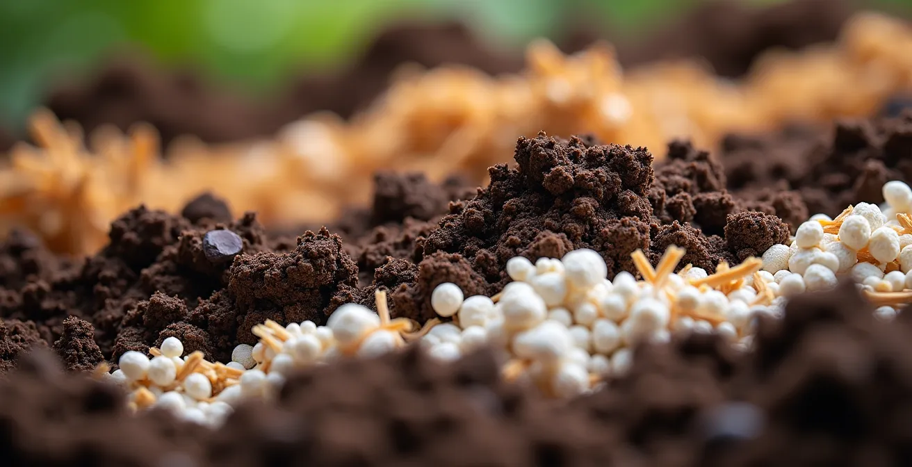 Vue macro de terreau riche avec perlite et compost montrant différentes textures de substrats pour la culture en contenants