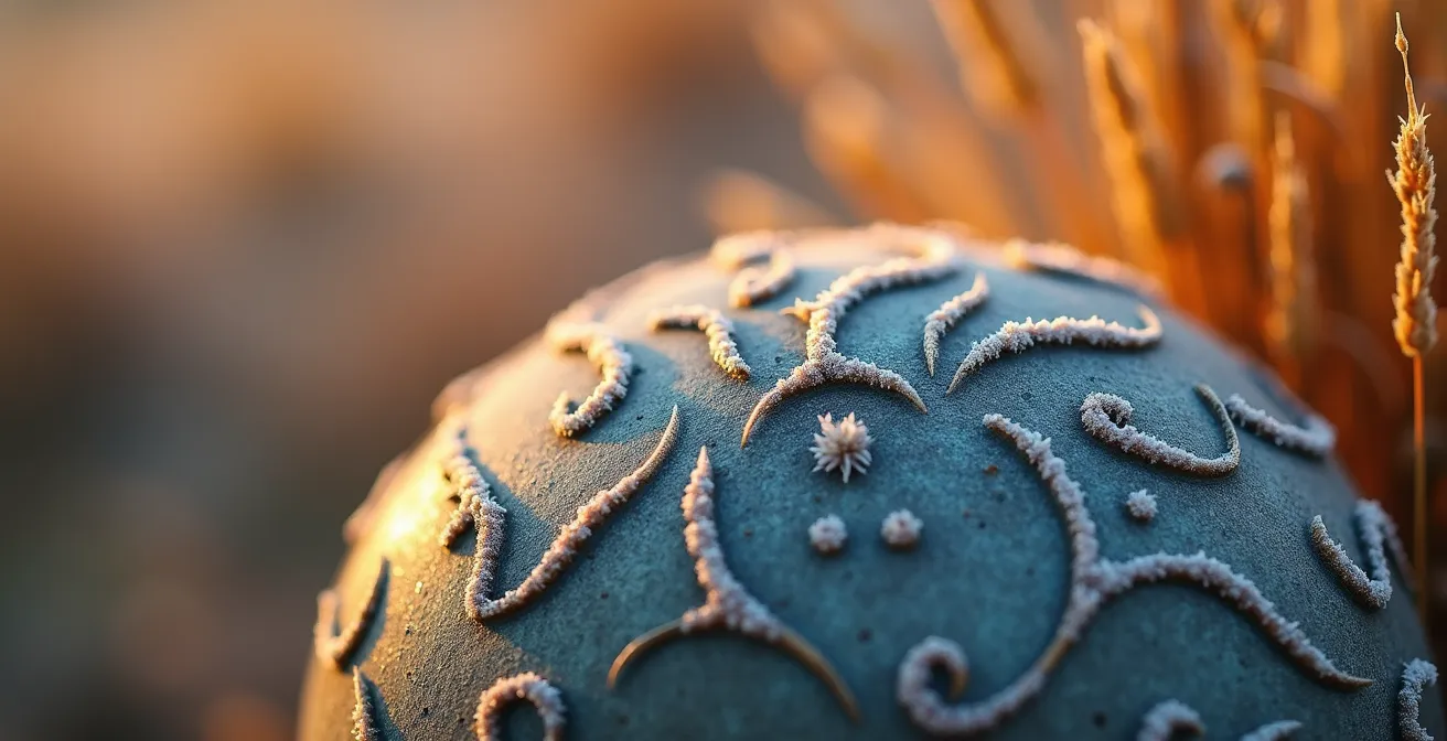 Mise en scène évolutive d'une sculpture entourée de graminées ornementales et vivaces aux couleurs automnales