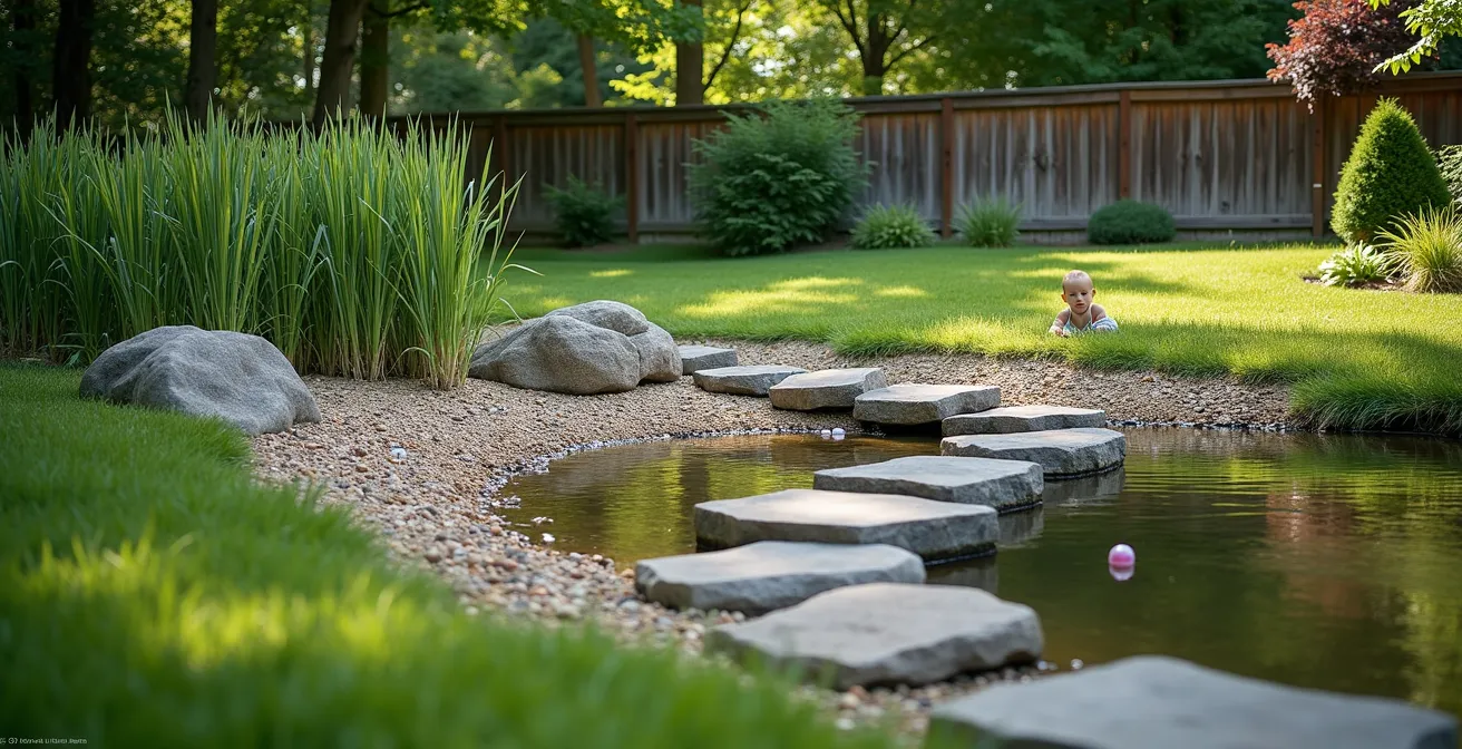 Aménagement sécuritaire d'un bassin de jardin avec barrières naturelles et zone de plantation dense