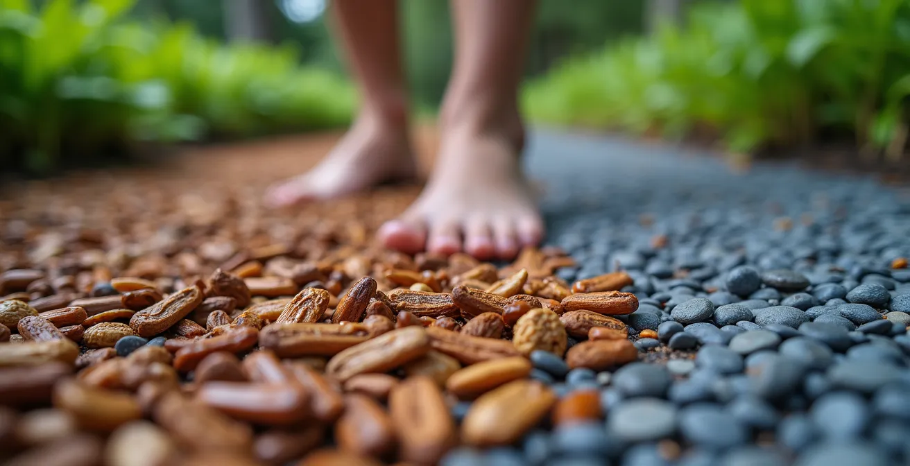 Gros plan sur différentes textures de paillis naturels québécois créant un chemin sensoriel