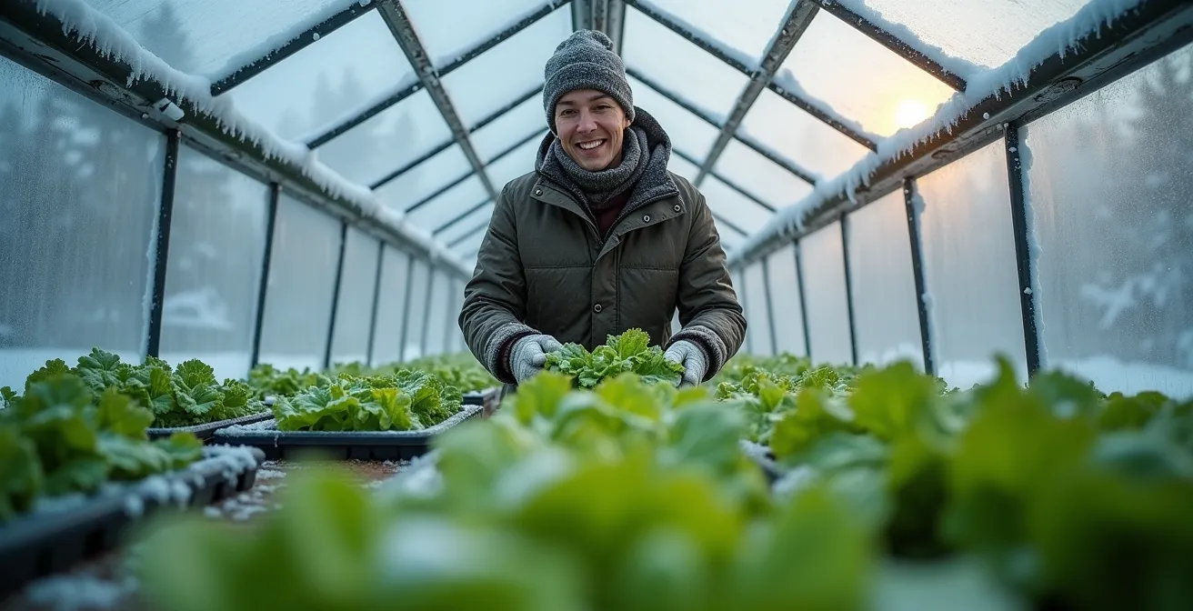 Serre robuste sous la neige avec structure métallique renforcée et légumes verts visibles à l'intérieur