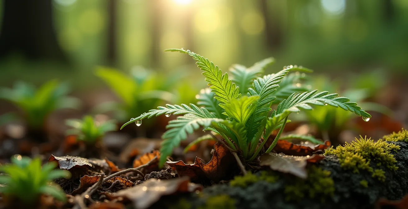Sous-bois québécois avec fougères natives et jeu de lumière tamisée