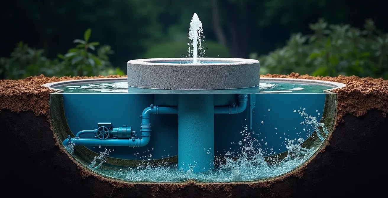 Vue en coupe d'un système de fontaine en circuit fermé avec pompe immergée et filtration naturelle