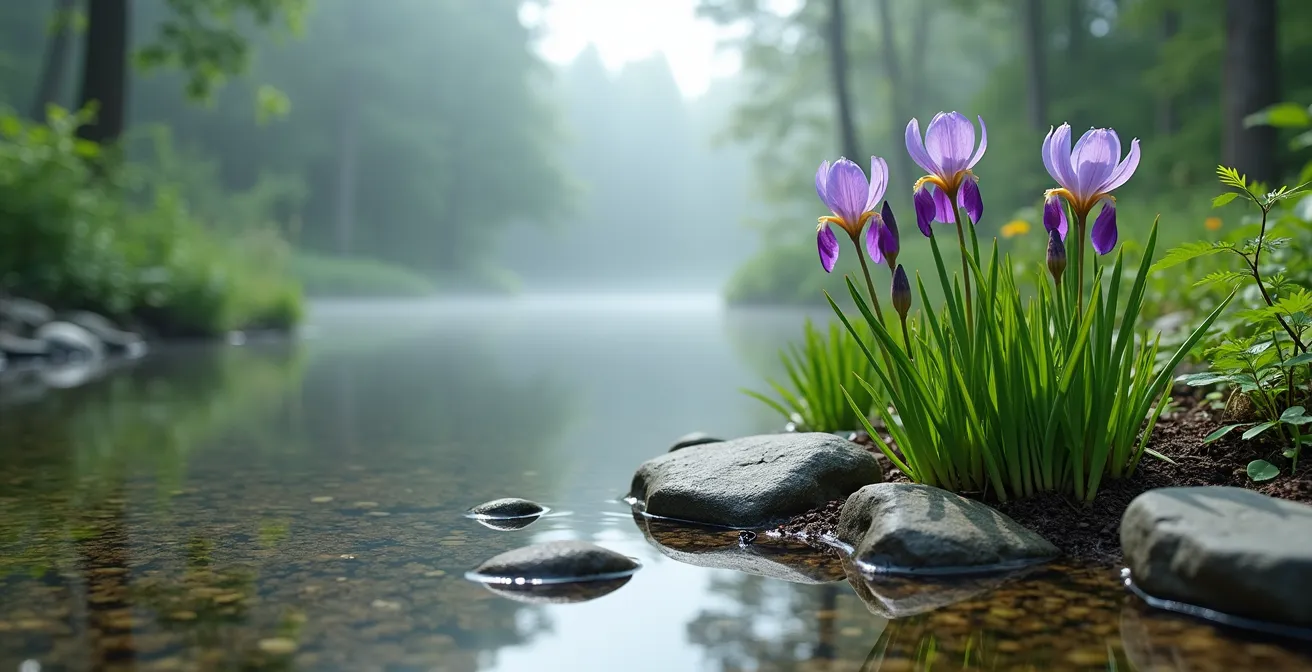 Système de filtration biologique avec plantes aquatiques indigènes dans un bassin québécois.