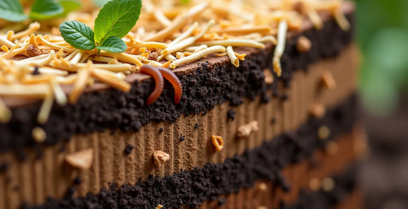 Coupe transversale montrant les couches superposées d'un jardin en lasagne avec cartons, compost et paillis