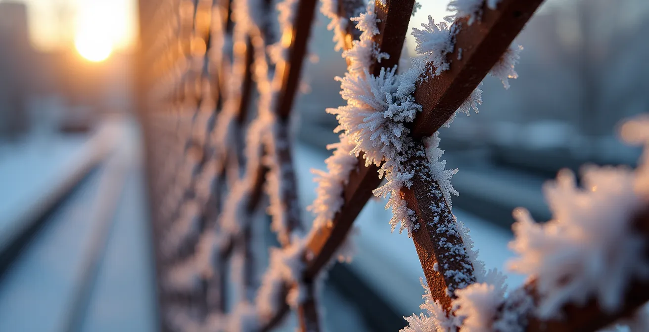 Treillis en acier Corten couvert de givre créant des motifs géométriques dans un jardin urbain montréalais
