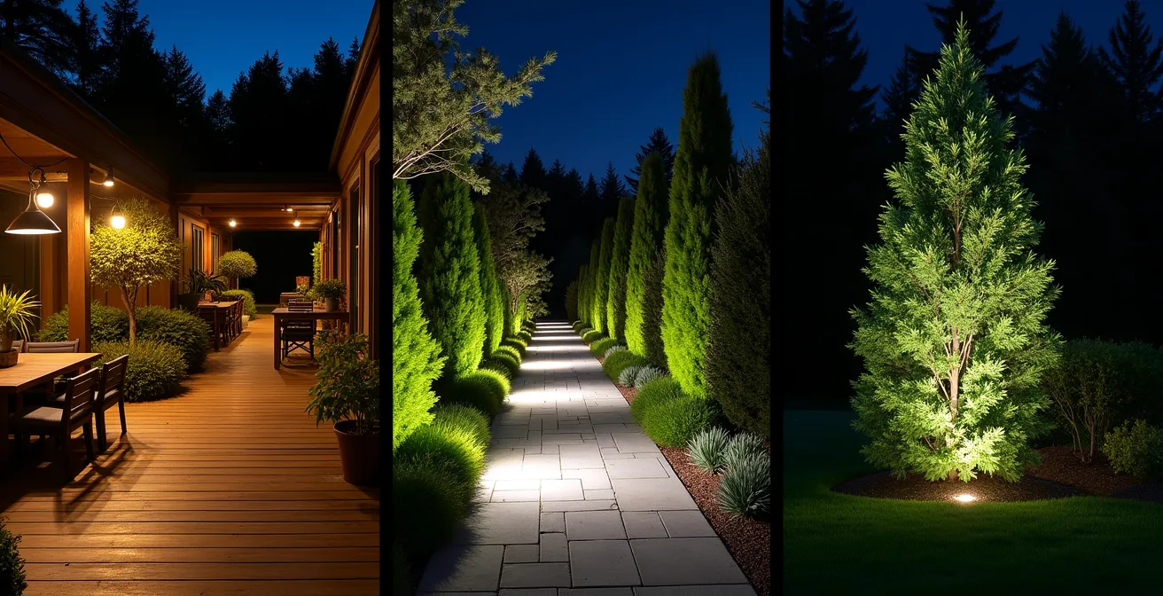 Jardin québécois montrant trois zones d'éclairage distinct au crépuscule